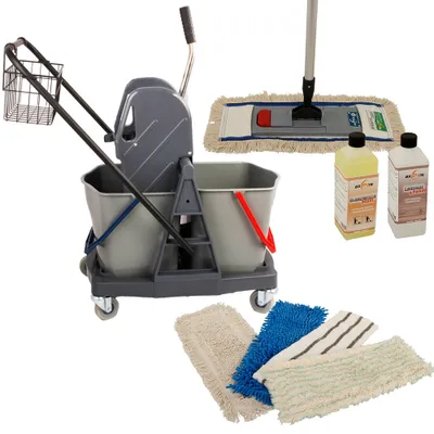 Produktbild von Axis Line Wischmop Komplettset mit Doppelfahrwagen Reinigungswagen 17 Liter Kunststoff und Ersatzmöppe und 2 x Profi Reinigungsmittel 40cm breite
