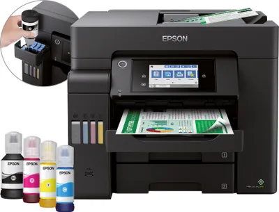 A product shot of an Epson EcoTank printer with ink bottles in the foreground and a close-up inset showing ink refilling.