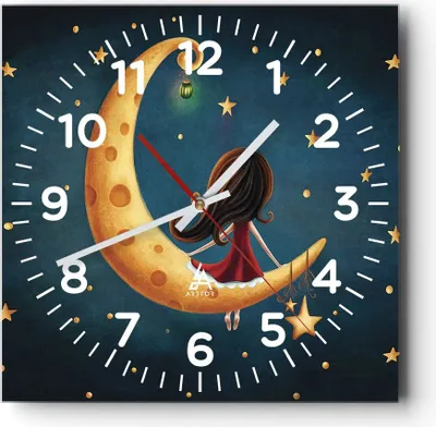 Produktbild von Wanduhr - Quadrat - Glasuhr - Kinder Mädchen Mond - 30x30cm - Schleichendes Uhrwerk - Lautlos - zum Aufhängen bereit - Dekoration Modern - Wanddekoration aus Glas - C4AC30x30-4683