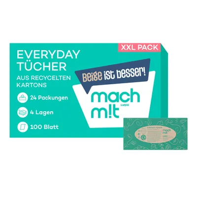 Produktbild von mach m!t PURE Everyday Tücher in der Box - Vorratspack mit 24 x 100 Blatt - 4lagig - frei von Bleichmitteln - extrem weich & nachhaltig - Germany