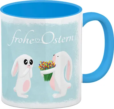Produktbild von Frohe Ostern Kaffeebecher Hellblau mit süßen Häschen