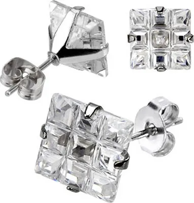 Produktbild von Ohrstecker Zirkonia Damen Herren Ohrringe Kristall Edelstahl 9 Quadrate silber 6 mm