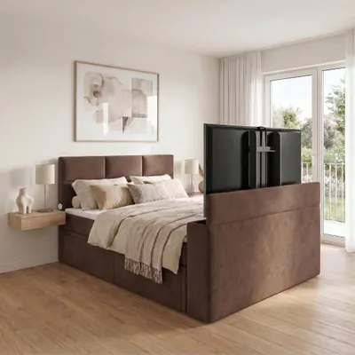 Produktbild von ELVORA DESIGNE Boxspringbett 180x200 cm SMARTCUBE-TV mit Bonellmatratze H3 & Topper, 2 Schubladen, Braun