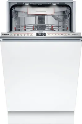 A front view of a white Bosch dishwasher with the door open and the control panel visible.