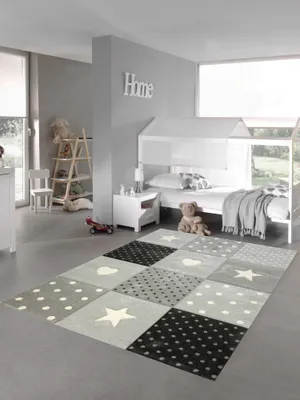 Produktbild von Kinderzimmer Teppich Herz Stern creme schwarz grau Größe - 120 cm Rund