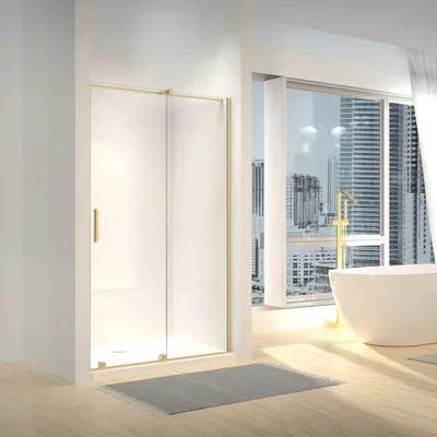 A modern bathroom with a shower enclosure and a bathtub, overlooking a city skyline.