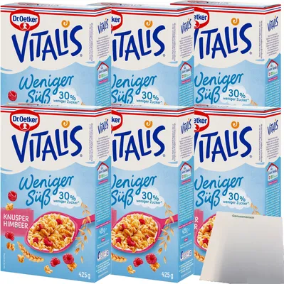 Produktbild von Dr. Oetker Vitalis weniger Süß Knusper Himbeere Müsli 6er Pack (6x425g Packung) + usy Block