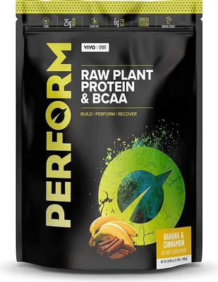 Immagine prodotto di Vivo Life Perform - Miscela di proteine vegane crude in polvere di piselli e canapa con BCAA - Frullato senza glutine e senza soia (Banana e Cannella, grande)