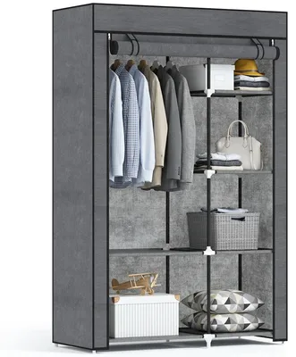 Produktbild von Stoffkleiderschrank mit Kleiderstange und 6 Regalböden, 103x43x162,5 cm, Grau - Vliesabdeckung mit Reißverschluss - pulverbeschichteter Stahlrahmen - belastbar bis 45 kg