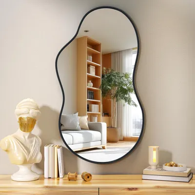 Immagine prodotto di Specchio da parete asimmetrico, 50 x 90 cm, con cornice nera, ideale per soggiorno, camera da letto o bagno