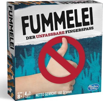 The image shows the front of a board game box. The box features the game's title, a prohibition symbol over a thumb, and various hands in the background.