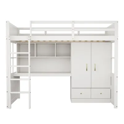 A white loft bed with a desk, wardrobe, and shelves.