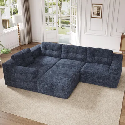 Produktbild von MODFU Modulares Sitzgruppe Sofa,U & L-förmiges Ecksofa,Big Sofa mit Rückenlehne und Hocker,Chenille,Blau