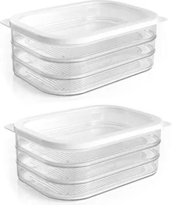 Two stacks of clear plastic food storage containers with white lids, shown from a slightly elevated side angle against a white background.