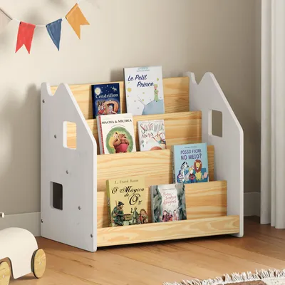 Produktbild von Bücherregal BRUNO 4 Fächer aus Massivholz - natur/weiß Montessori Bücherregal für Kinderzimmer, Stabil und sicher mit abgerundeten Ecken, Kinderzimmeraufbewahrung