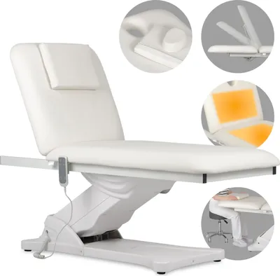 A collage of images showing a white electric cosmetic and massage bed with various features highlighted.