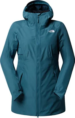 A studio shot of a teal parka jacket.