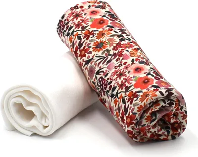 Produktbild von Jersey-Stoffset 0,5 m + 0,5 m Manschetstoffen für Kinderkleidung (Blumen, Rot, Beige, Set47)