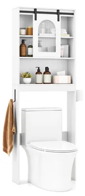 Productafbeelding van COSTWAY Toiletkast, badkameropslag in landelijke stijl met schuifdeur in schuurdeurdesign, toiletpapierhouder en open planken