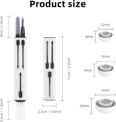 Diagrams showing the dimensions of a cleaning tool set and earbud tips.