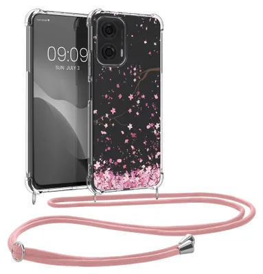 Produktbild von kwmobile Necklace Case kompatibel mit Motorola Moto G24 / E14 / G04 / G04s Hülle - Silikon Cover mit Handykette - Rosa Dunkelbraun Transparent