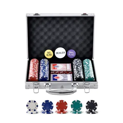 Produktbild von VEVOR Kunststoff Pokerchip-Set, 200-teiliges Pokerset Ungekennzeichnet, Pokerspielset mit Alu-Pokerkoffer, Karten, Knöpfe und Würfel, Komplett Set 6-7 Spieler für Texas Hold'em, Blackjack usw.