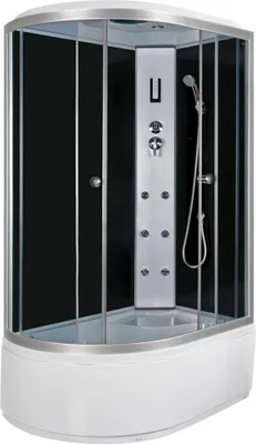A modern hydromassage shower cabin with a black back panel and silver accents.