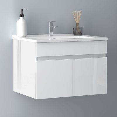 Waschtisch mit Unterschrank 60 cm Badmöbel Set mit Waschbecken Keramik dünn Gäste WC Hochglänzend Weiß