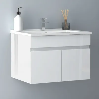 Produktbild von Waschtisch mit Unterschrank 60cm BERGEN Badmöbel Set Hochglanz Weiß Keramik Waschbecken mit Unterschrank MDF Softclose