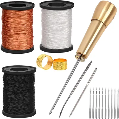 Produktbild von 10-teiliges Nähzubehör-Set: Leder-Nähnadel, Nylon-Schnur, Fingerhüte und handgefertigte Nähwerkzeuge für Leder