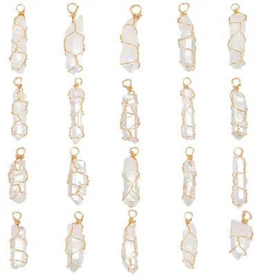 Productafbeelding van Quartzkristal hangers - Edelsteen omwikkeld met draad - Voor sieradenproductie - Helder, verguld, 20 stuks