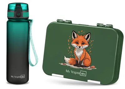 Produktbild von Len Brotdosen-Set Dunkelgrün Fuchs mit 500ml Flasche Grün/Schwarz, auslaufsicher, für Schule & Kindergarten
