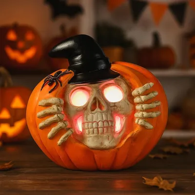 Produktbild von Halloween Deko Kürbis Skelett Lichter: Durch die Kombination von Halloween Elementen wie Totenköpfen und Totenkopfhänden erweckt diese Kürbis dekoration den Eindruck, als würde ein Schädel aus einem Kürbis hervorkommen, was eine düstere Urlaubsatmosphäre schafft.Hochwertiges Material: Die Herbstdeko kürbis licht ist aus hochwertigem Harzmaterial mit einer fein behandelten. Er misst 12x11.5x11.3cm und zeichnet sich durch seine exquisite Verarbeitung aus, bei der jedes Detail sorgfältig poliert und geschnitzt