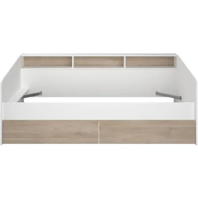 Image de Lit avec espace de rangement - 90 x 190/200 cm- Blanc & Couleurs bois - PAULETTE