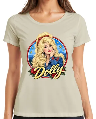 Zdjęcie produktu dla Damska koszulka z nadrukiem przedstawiającym Dolly Parton, ikony country, w stylu westernowym. Kolor: naturalny. Rozmiar: L