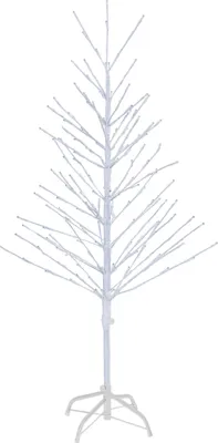 A white LED light tree with many branches and small lights, standing on a white base.