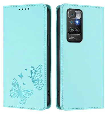 Obrázek produktu pro Kožené pouzdro pro Xiaomi Redmi 10 4G, motýlí ražbou, peněženkové flip pouzdro se stojánkem Mátově zelená