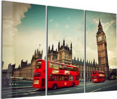Produktbild von DEQORI Glasbild Echtglas 3x50x100 cm 'Rasende Busse vor Big Ben' Wandbilder XXL groß