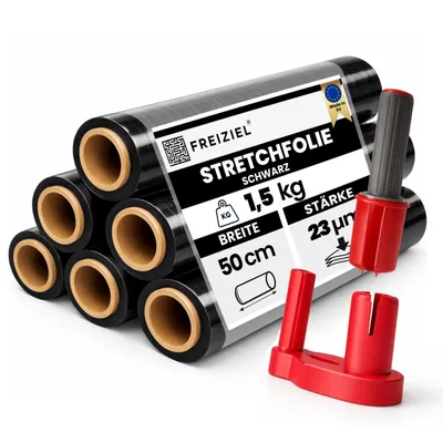 Produktbild von 6 x Stretchfolie 50cm 1,5kg 23my schwarz + Abroller