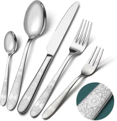 Imagen del producto de Juego de cubiertos de 60 piezas, de acero inoxidable, para 12 personas, que incluye cuchillos, tenedores y cucharas, ideal para la cocina