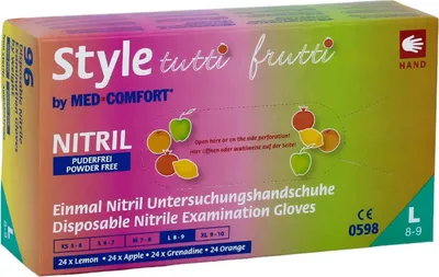 Produktbild von Med-Comfort Nitrilhandschuhe Style Tutti Frutti, bunt, puderfrei, 96 Stück - Größe XL