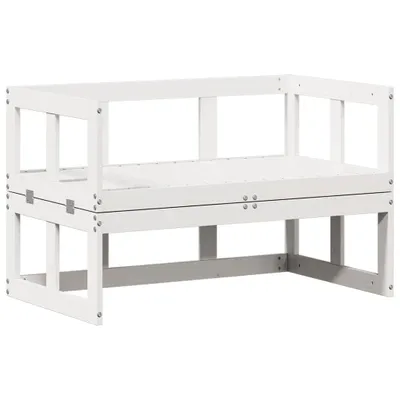 A white wooden garden bench with a corner extension, shown from the front.
