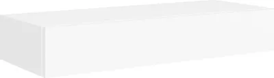 A white rectangular shelf with a drawer, shown from a slight angle against a white background.