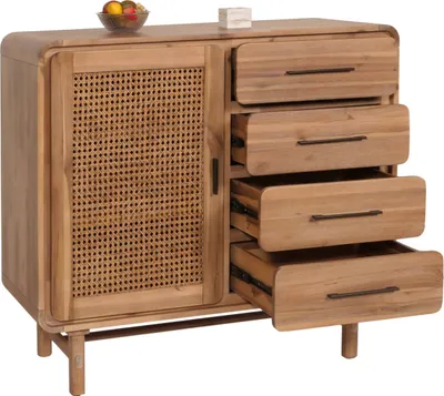 Immagine prodotto di Cassettiera HWC-M47, credenza mobile, cassetto portaoggetti, legno massiccio di acacia tinto rattan 101x109x45cm 44kg