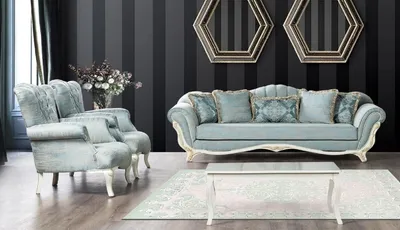Produktbild von Casa Padrino Luxus Barock Wohnzimmer Set Türkis / Weiß / Gold - 2 Barock Sofas & 2 Barock Sessel & 1 Barock Couchtisch - Barock Wohnzimmer Möbel