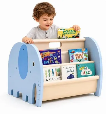 Produktbild von Bücherregal aus Holz – Tragbarer Bücherregal für Kinder – 4 Ebenen – Elefantendesign – Bücherregal für Kinder – Einfache Montage – Bücherregal