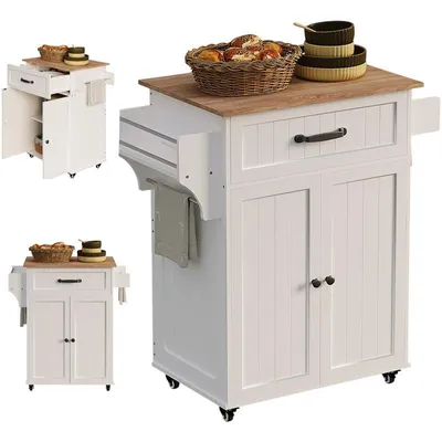Immagine prodotto di Carrello da cucina bianco con piano di lavoro, cassetto e ante – stile loft moderno 60 cm