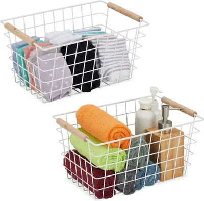 Produktbild von Relaxdays Drahtkorb, 2er Set, Metall, Holzgriffe, HxBxT: 16 x 31 x 21 cm, eckiger Aufbewahrungskorb, Bad & Küche, weiß