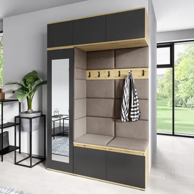 Produktbild von Garderoben-Set MIKA, Kleiderschrank mit Polsterplatten, Schuhschrank, Schrankaufsatz und Hängeschrank – Ideal für Flur Artisan/Schwarz, Trinity 05
