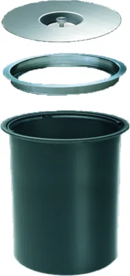 An exploded view of a trash can, showing its components: a lid, a rim, and the main bin.